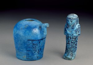 Embarcação de Libração inscrita para o sacerdote de Amon, Amenemope e Shawabti de Tomb 148, Tebas, Novo Reino, c.1193-1080 aC (cerâmica de faiança vidrada)